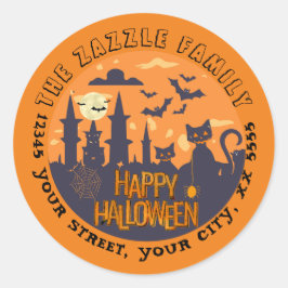 Adesivo Redondo Cidade de Halloween com gatos pretos encantadores