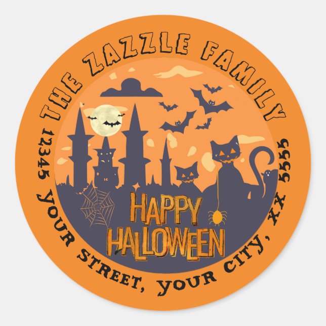 Adesivo Redondo Cidade de Halloween com gatos pretos encantadores (Frente)