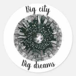 Adesivo Redondo Cidade panorâmica em preto e branco sob a Lua