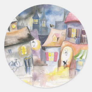 Adesivo Redondo Cidade pequena na noite
