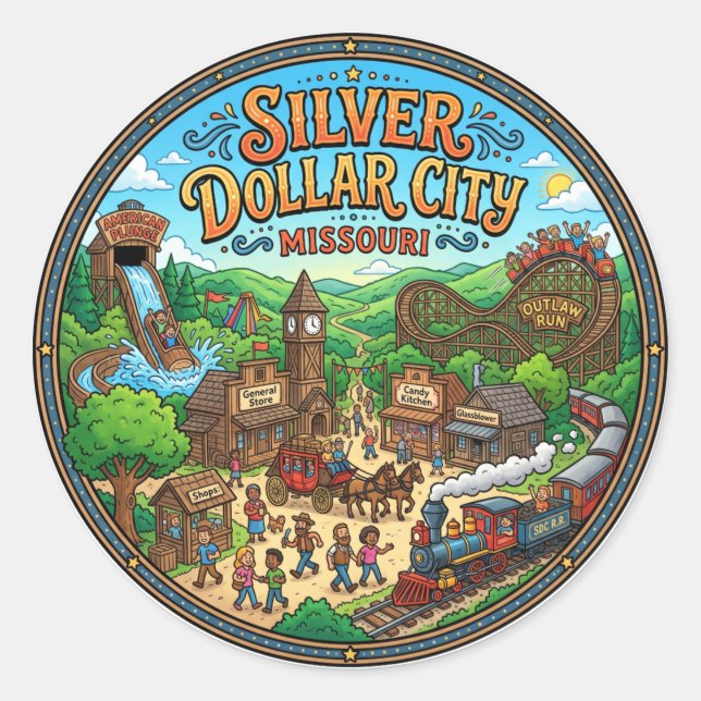 Adesivo Redondo Cidade Silver Dollar, Branson Missouri (Frente)