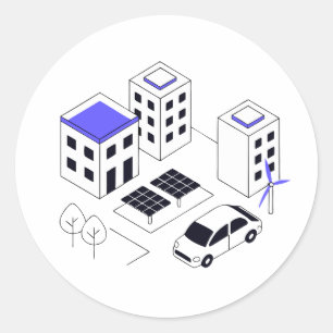 Adesivo Redondo cidade sustentável inteligente, com telhados para