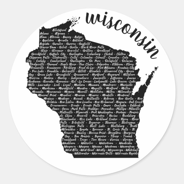 Adesivo Redondo Cidades em Wisconsin Black Map (Frente)