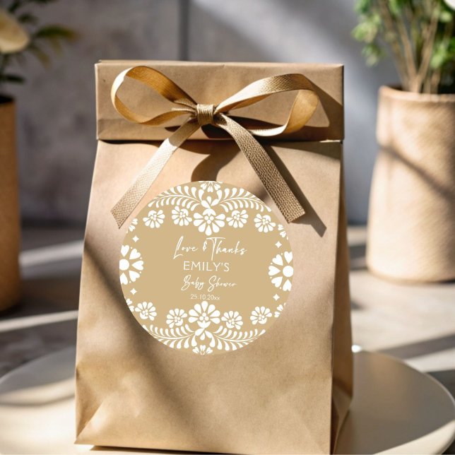 Adesivo Redondo Cielito lindo beige chá de fraldas mexicano (Cielito lindo beige Mexican fiesta papel picado baby shower thank you favor Stickers printed sticker)