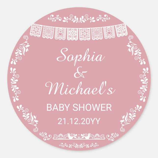 Adesivo Redondo Cielito Lindo Blush Pink Papel Picado Baby Shower (Frente)