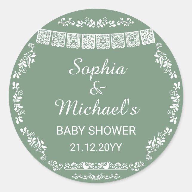 Adesivo Redondo Cielito Lindo Sage Green Papel Picado Baby Shower (Frente)