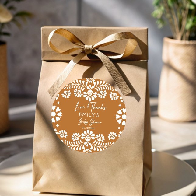 Adesivo Redondo Cielito lindo terracotta chá de fraldas mexicano (Cielito lindo terracotta Mexican  fiesta papel picado baby shower favors thank you favor Sticker)
