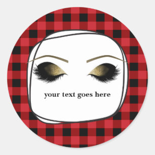 Adesivo Redondo Cílios de Maquiagem Dourados Red Plaid Rustic Glam