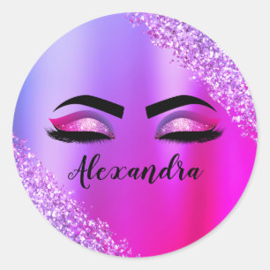 Adesivo Redondo Cílios Modernos Monograma Brilhante Rosa Roxo