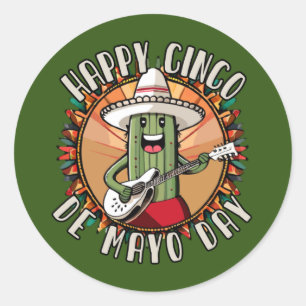 Adesivo Redondo Cinco De Mayo Cacto Mexicano Engraçado Tocando Vio