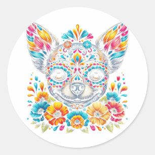 Adesivo Redondo Cinco De Mayo Chihuahua Cão Açúcar Flor Crânio