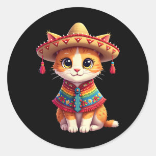 Adesivo Redondo Cinco De Mayo Cute Mexicano Cat Sombrero Poncho Ci