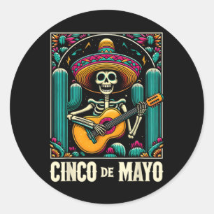 Adesivo Redondo Cinco De Mayo Esqueleto Crânio Sombrero Guitarra M