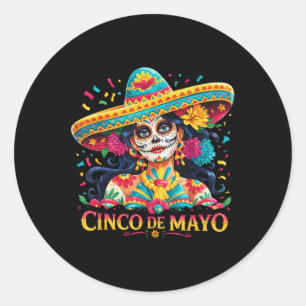 Adesivo Redondo Cinco De Mayo Skull Com Mulheres Sombrero Meninas