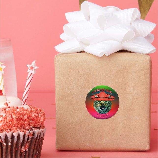 Adesivo Redondo Cinco De Meow Cinza Cat Cinco De Mayo México (Festa)