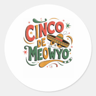 Adesivo Redondo Cinco De Meow Funny Cat Sombrero Fiesta Humor Cats