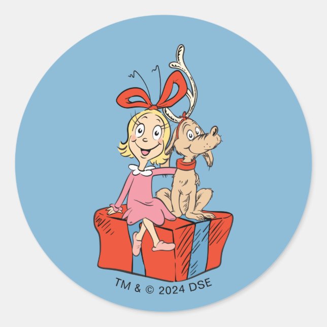 Adesivo Redondo Cindy Lou Who e Max em um Presente (Frente)