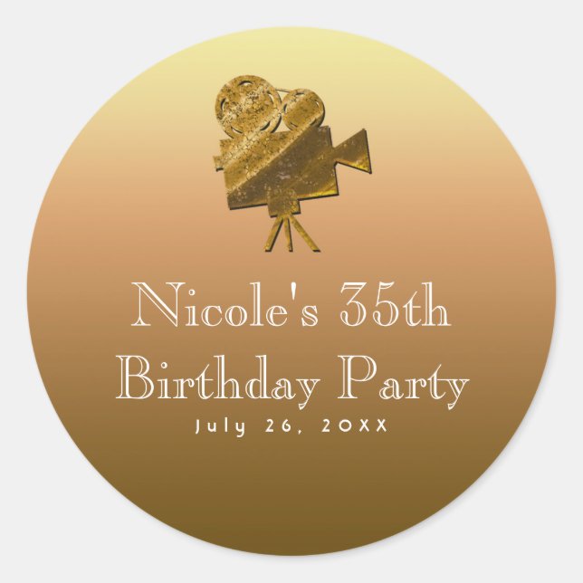 Adesivo Redondo Cinema & Estrelas Todo em Dourado Favor de Festa d (Frente)