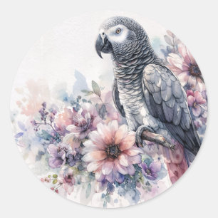 Adesivo Redondo Cinza Africana - Papagaio - Retrato de Flor Selvag