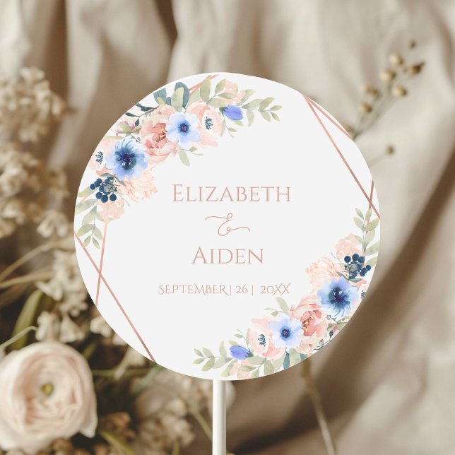Adesivo Redondo Cinza Azul de Pêssego Personalizado (Personalized Peach Blue Wedding Classic Round Sticker with your name and date)
