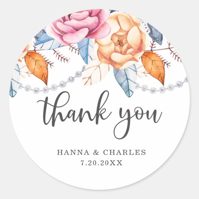 Adesivo Redondo Cinza Azul Queimada Laranja Floral Obrigado (Frente)