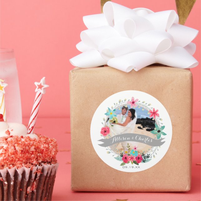 Adesivo Redondo Cinza Azul-Teal Rosa Personalize Sua Foto De Casam (Festa)