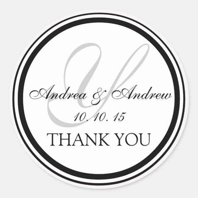 Adesivo Redondo Cinza Branca Negra Monograma Y Casamento Obrigado (Frente)