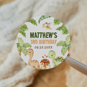 Adesivo Redondo Cinza de Água Dinossauro Verde aniversário de 3 an