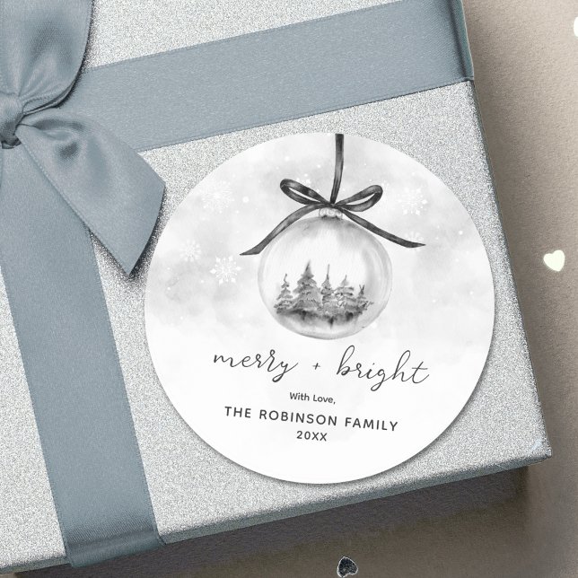 Adesivo Redondo Cinza de Aquarela Ornamento Feliz de Natal Brilho (Criador carregado)