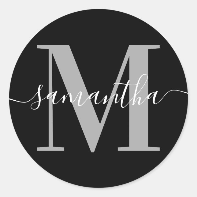 Adesivo Redondo Cinza de Assinatura Elegante Monograma Moderno Pre (Frente)