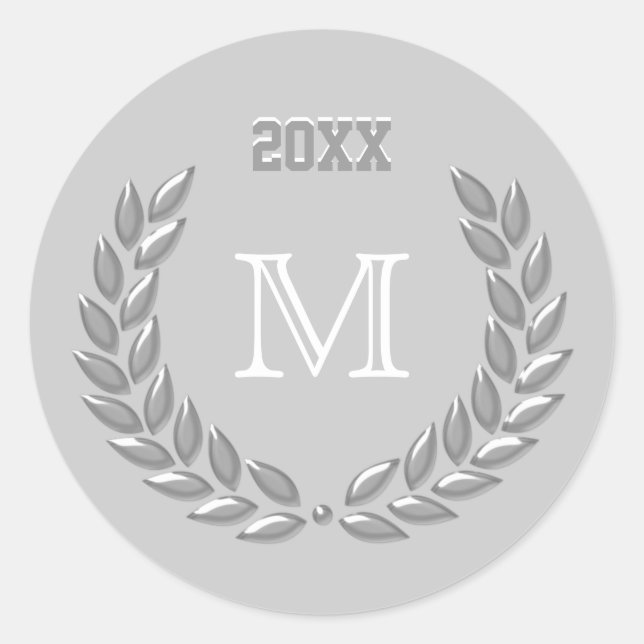 Adesivo Redondo Cinza de luz monograma personalizada Laurel Wreath (Frente)