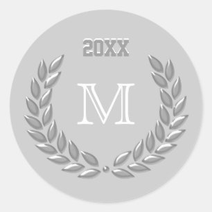 Adesivo Redondo Cinza de luz monograma personalizada Laurel Wreath