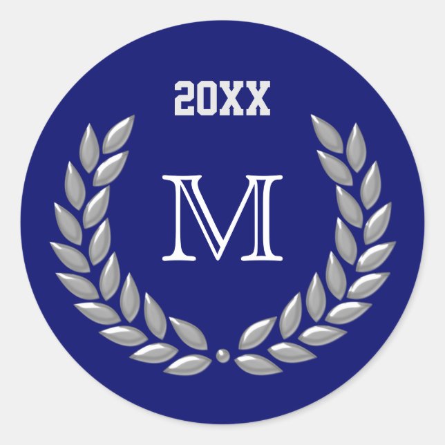 Adesivo Redondo Cinza de luz monograma personalizada Laurel Wreath (Frente)