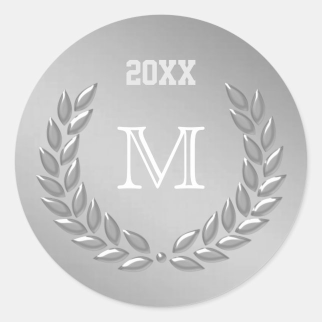 Adesivo Redondo Cinza de prata do monograma personalizada Laurel W (Frente)
