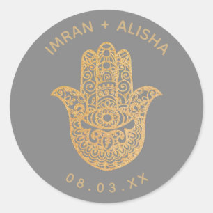 Adesivo Redondo Cinza Dourada do casamento indiano hamsa Henna