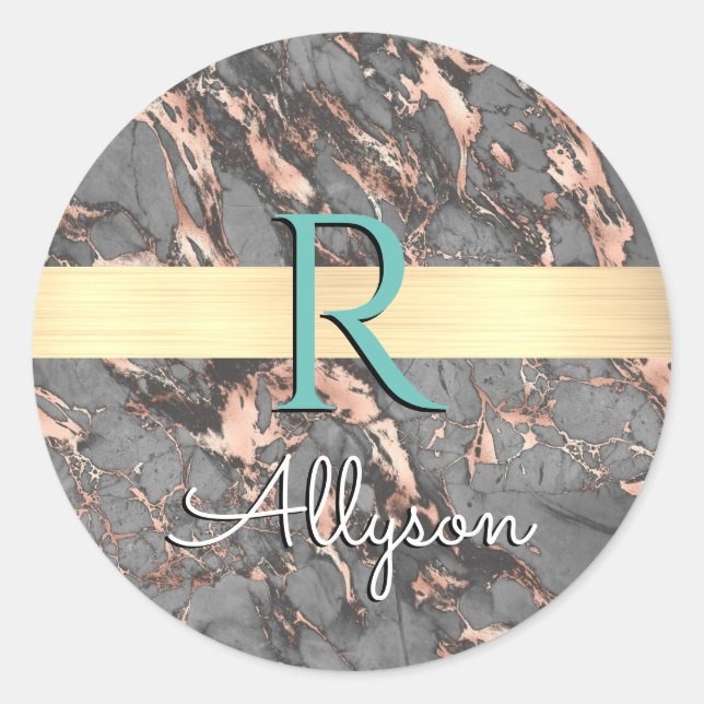 Adesivo Redondo Cinza Dourado Marble, Bar Dourado, Nome e Monogram (Frente)