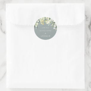 Adesivo Redondo Cinza Elegante Casamento Verde de Snowberry+Eucaly