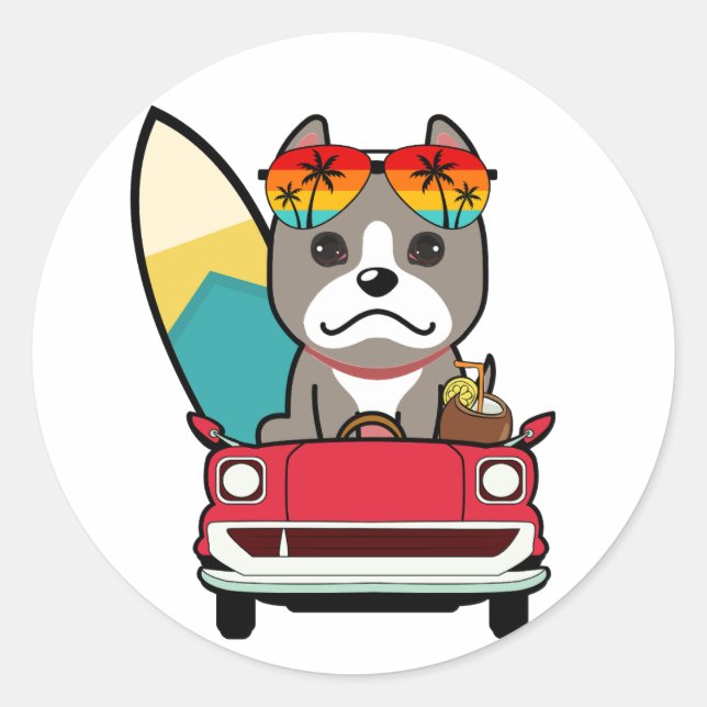 Adesivo Redondo Cinza engraçada Cachorro está dirigindo para a pra (Frente)