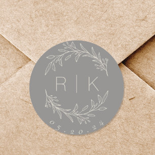 Adesivo Redondo Cinza Linha Arte Botânica Monograma de Casamento