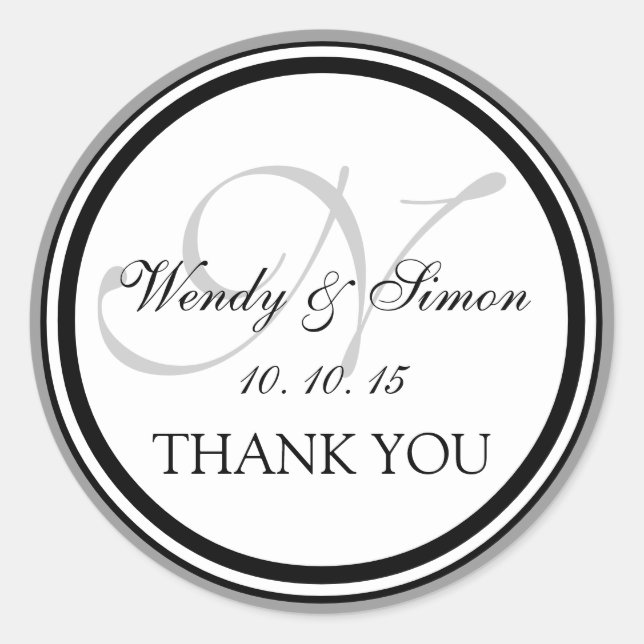 Adesivo Redondo Cinza Negra Monograma N Casamento Obrigado (Frente)