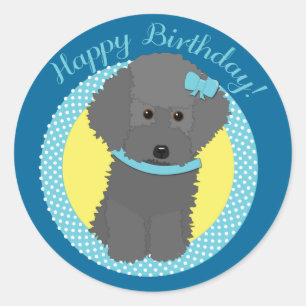 Adesivo Redondo Cinza Poodle Happy Birthday Stickers