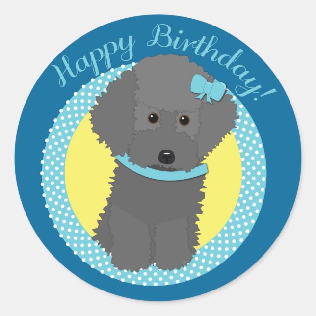 Adesivo Redondo Cinza Poodle Happy Birthday Stickers (Frente)