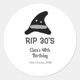Adesivo Redondo Cinza preto RIP 30's 40º aniversário chapéu de bru