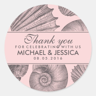 Adesivo Redondo Cinza Rosa, Favor De Casamento De Seashell. Obriga