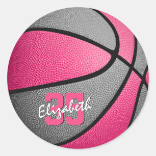 Adesivo Redondo cinza rosa-menina personalizada basquete