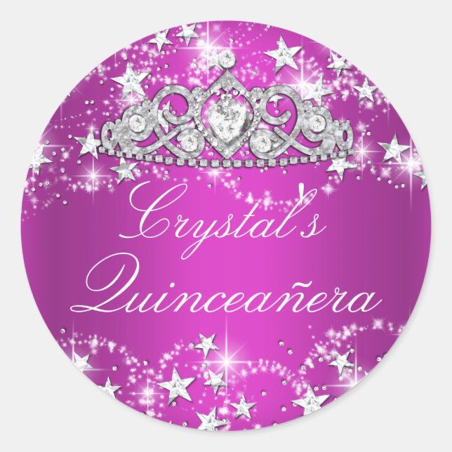 Adesivo Redondo Cinza Rosa Quente Tiara e Estrelas Quinceanera Sti (Frente)