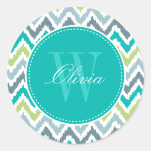 Adesivo Redondo Cinza Teal Green Zigzag Ikat Pattern Monograma