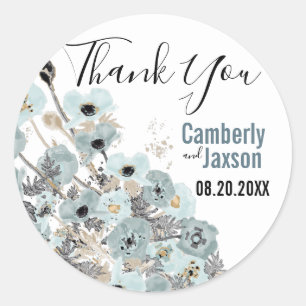 Adesivo Redondo Cinzas com as papoilas florais da aguarela azul