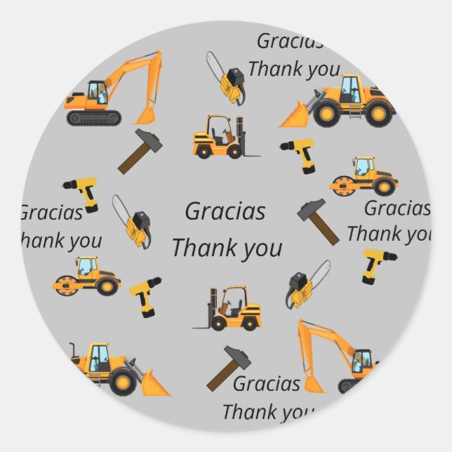 Adesivo Redondo Cinzas Construção temática festa de aniversário Bi (Frente)