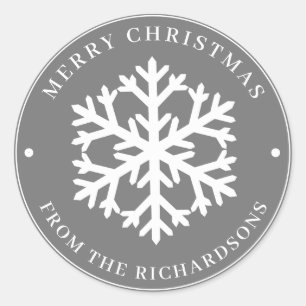 Adesivo Redondo Cinzas de Natal Feliz, Floco de Neve Branco